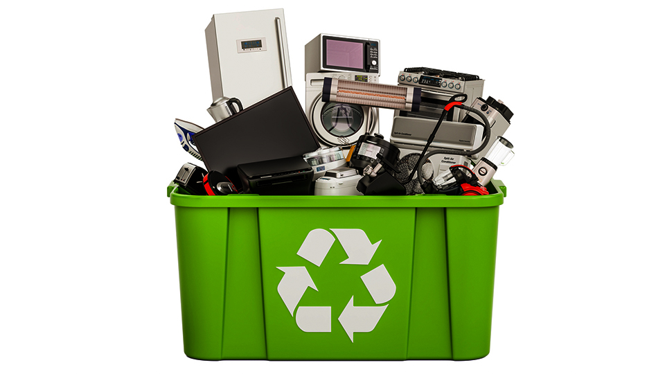 Very full e-waste recycle bin