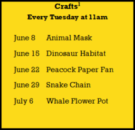 Summer Reading Craft schedule