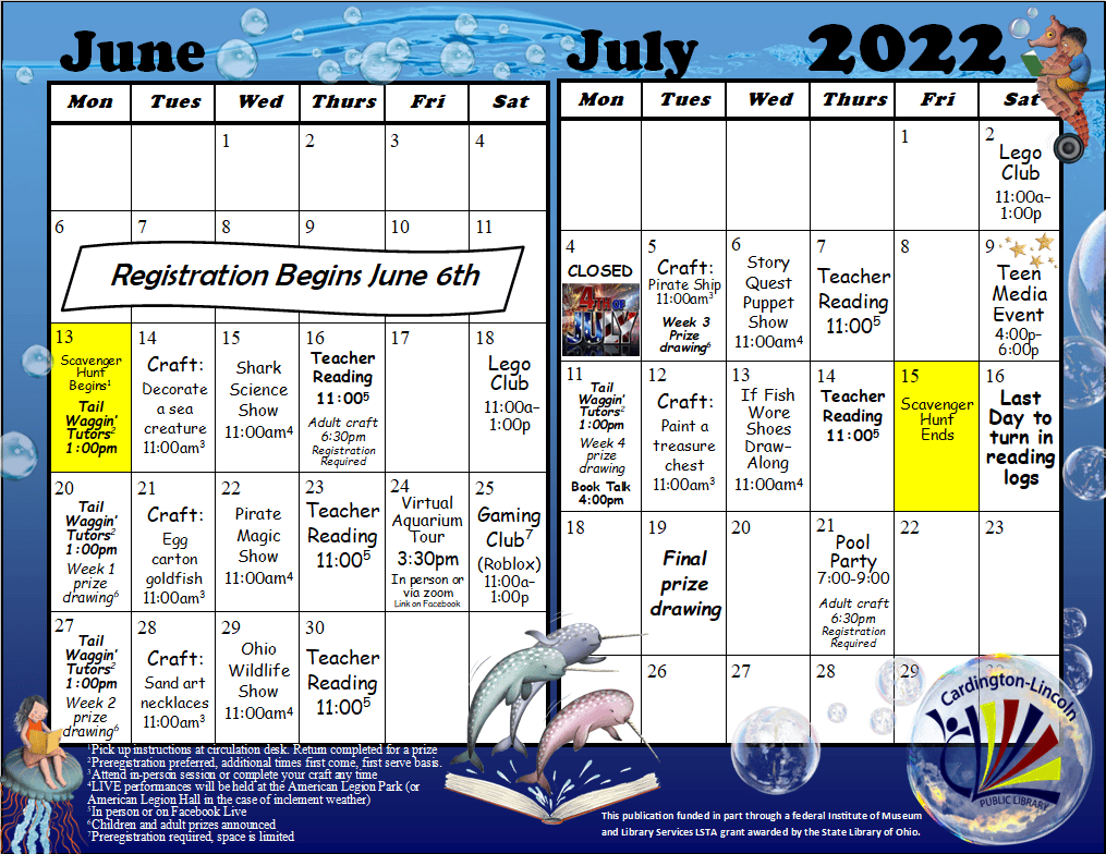 2022 Summer Reading Program Calendar