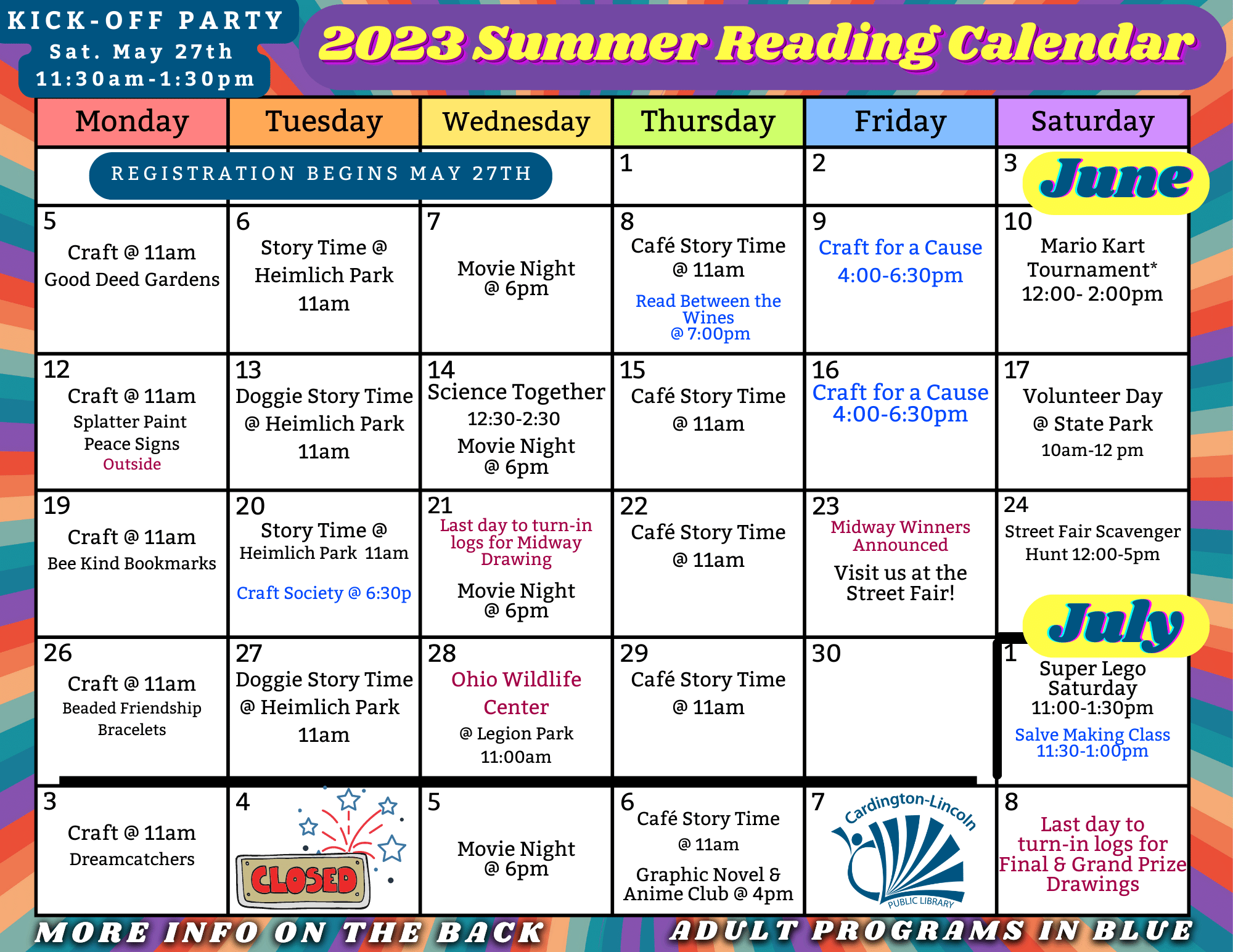 2023 Summer Reading Program calendar