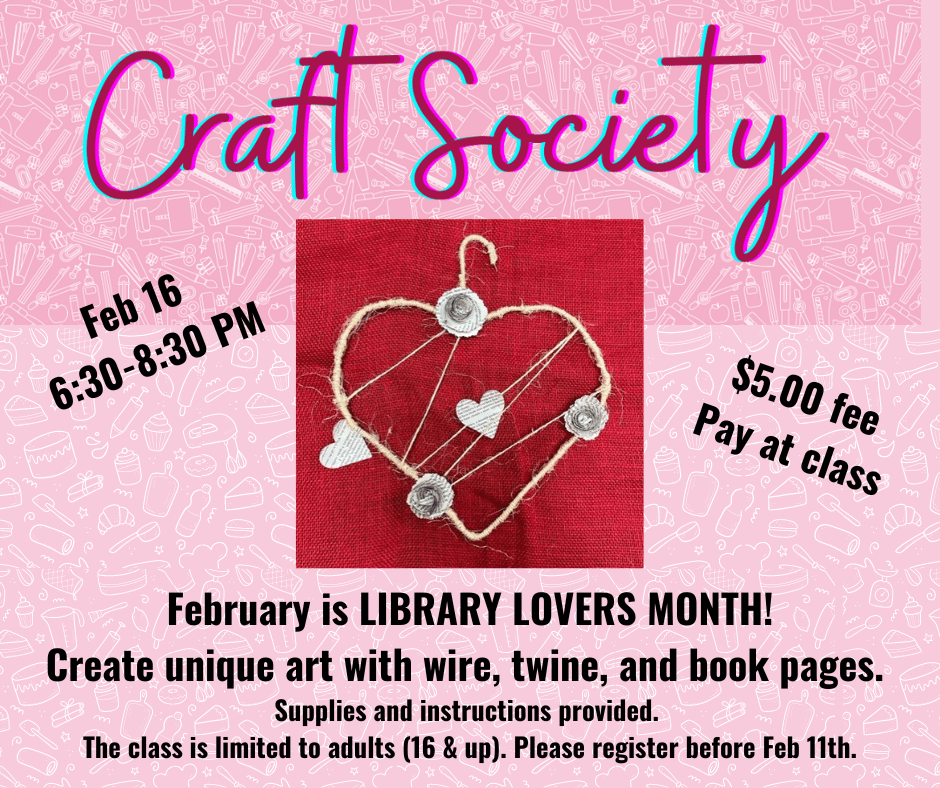 February Craft Society craft- a heart shaped hanger covered with twine, with paper heart and flower crafts