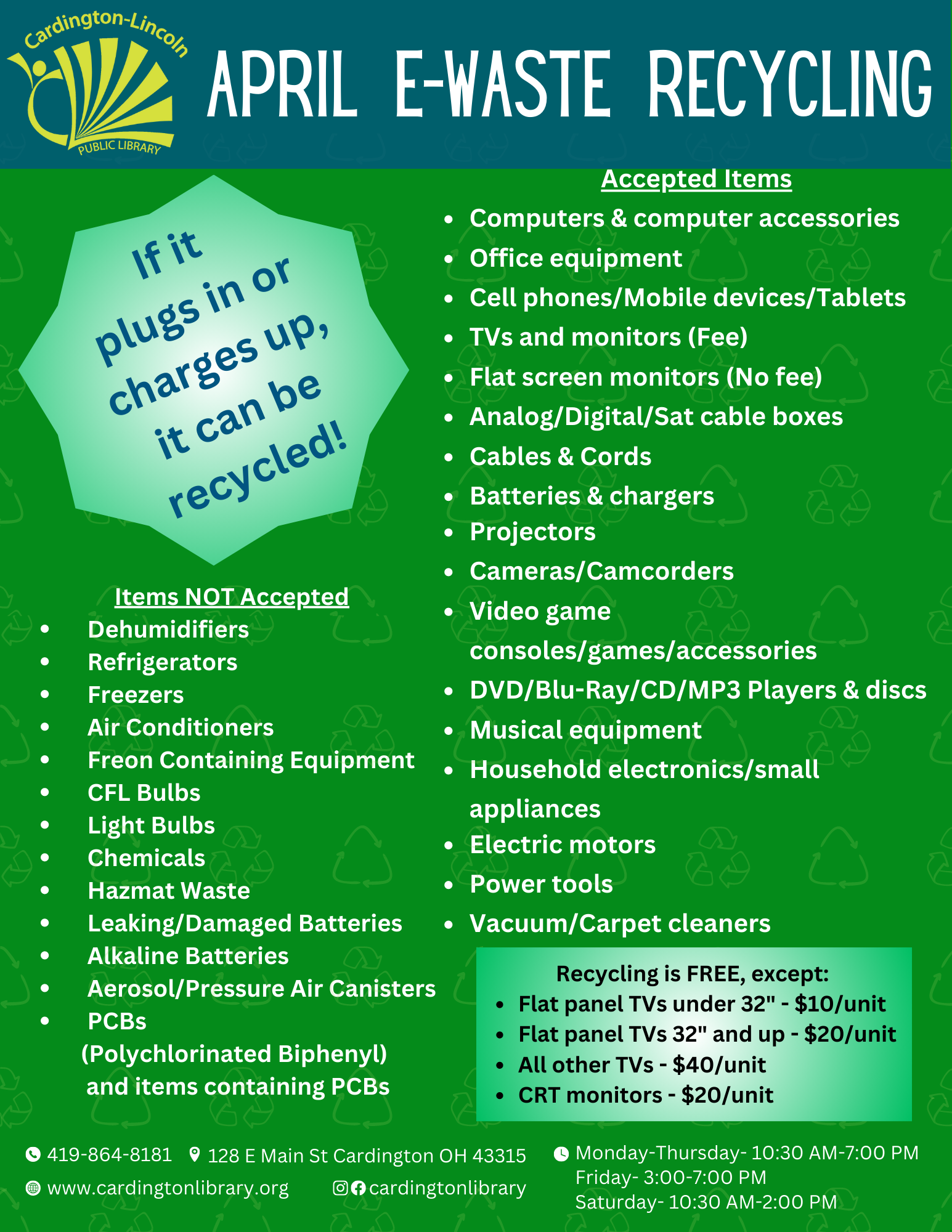 April E-Waste Recycling at the Library - list of items 