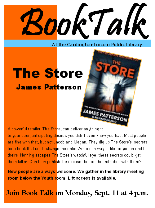 Booktalk will discuss James Patterson's novel The Store