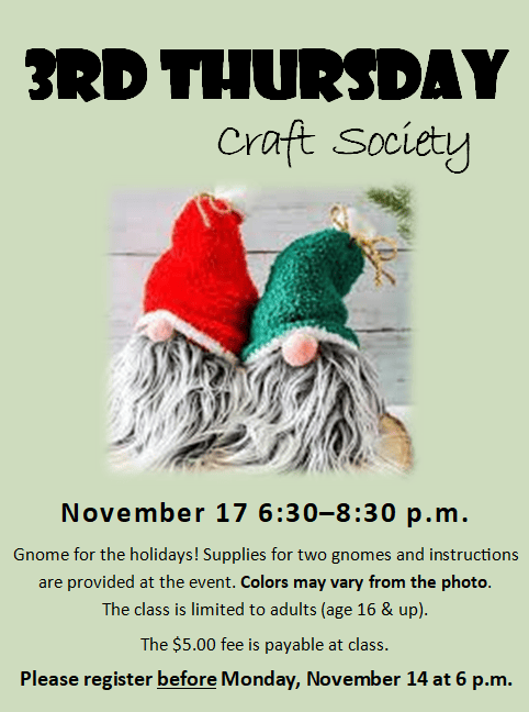 November 3rd Thursday Craft Society flyer, gnomes made from socks