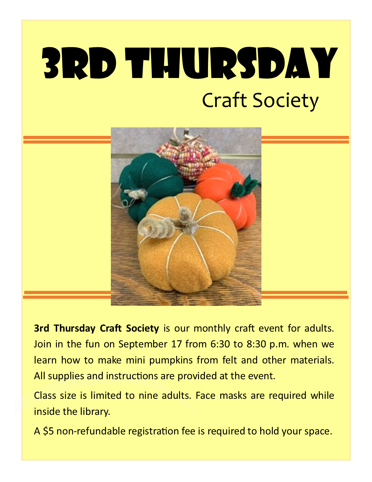 September 2020 3rd Thursday craft, mini pumpkins