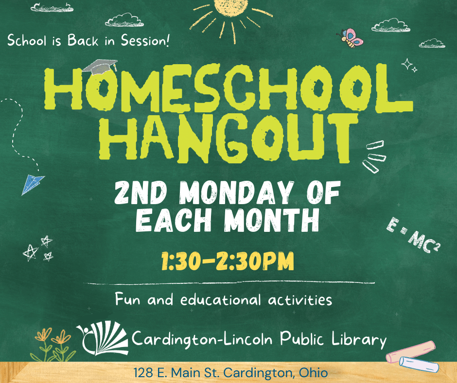 Homeschool Hangout, second Tuesday of each month from 1:30 to 2:30 PM
